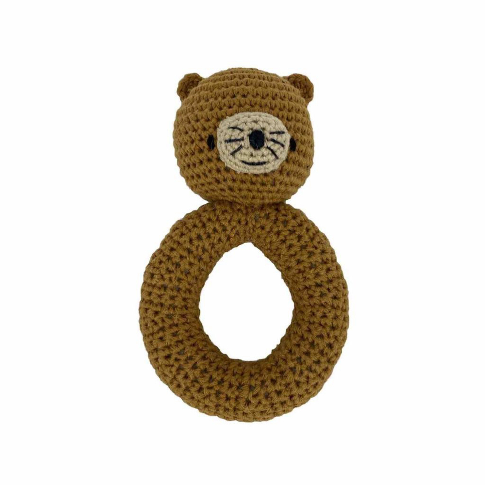 The Land of Nod Bear Ring Rattle Baby Toy Black Brown Crochet Knit 6" VGUC